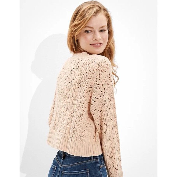 AE Open Knit Crew Neck Chenille Sweater Size Medium in Rosy - Picture 3 of 12